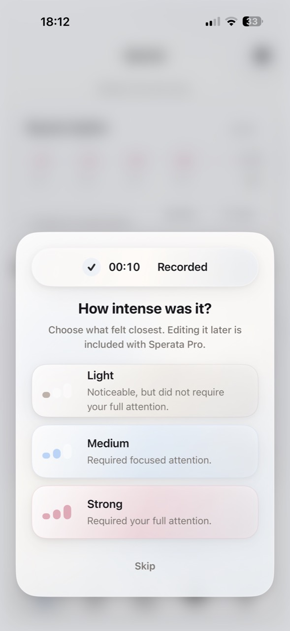 Sperata personal intensity choices after recording, including Skip — demo data