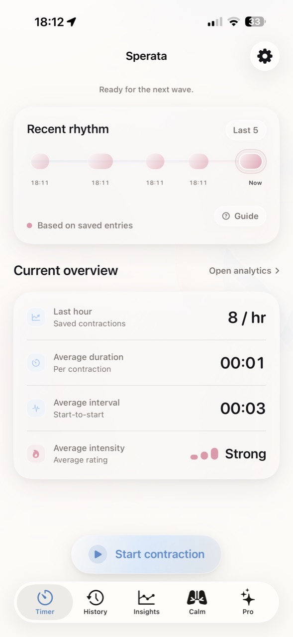 Sperata Timer with recent rhythm and a summary of saved contractions — demo data